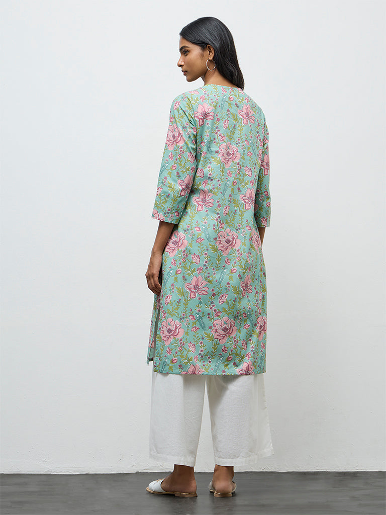 Utsa Aqua Floral Printed Cotton Straight Kurta