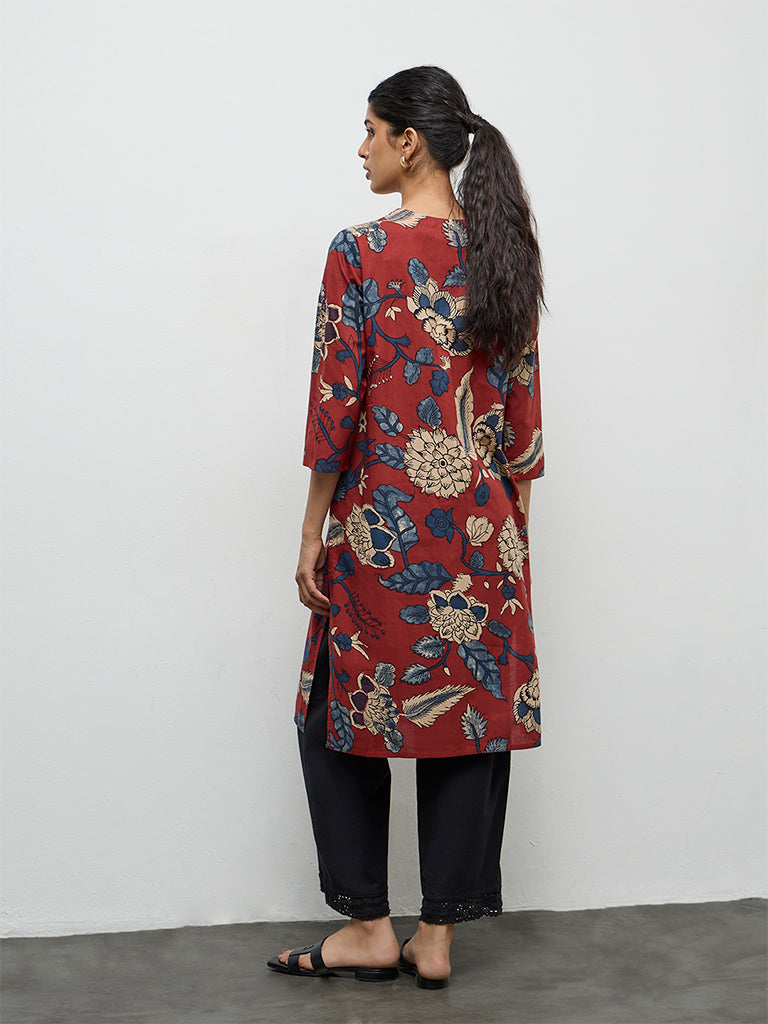 Utsa Maroon Botanical Design Cotton Straight Kurta