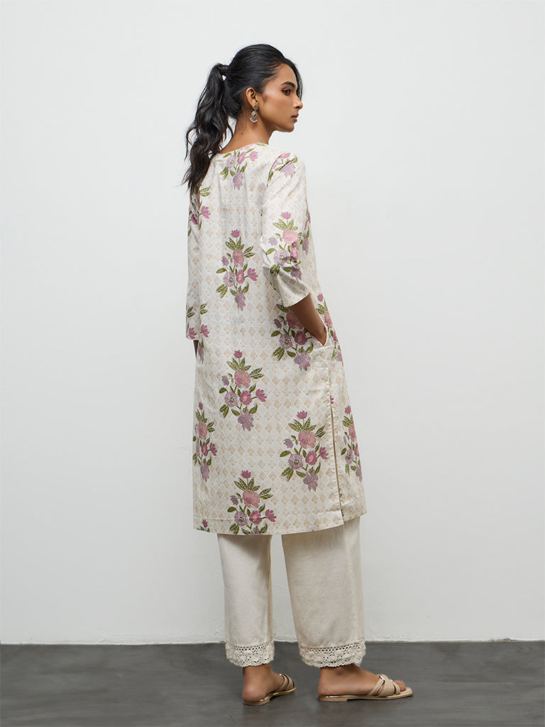 Utsa Beige Floral Design Cotton A-Line Kurta