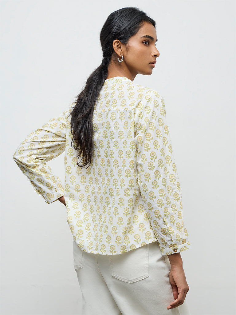 Utsa Off-White Floral Design Cotton Tunic
