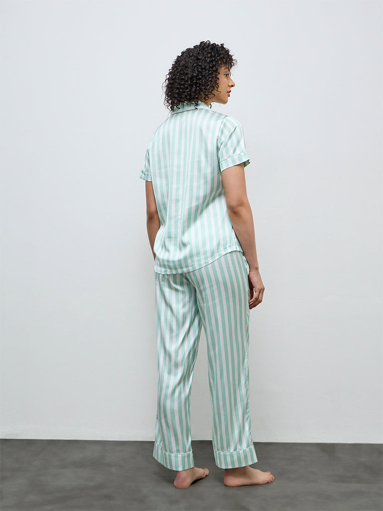Wunderlove Sage Striped Satin Shirt and Pyjama Set