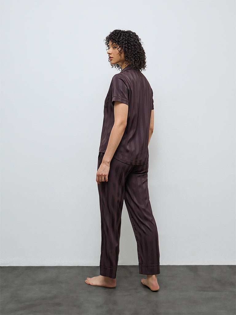 Wunderlove Dark Brown Self-Striped Satin Shirt and Pyjama Set