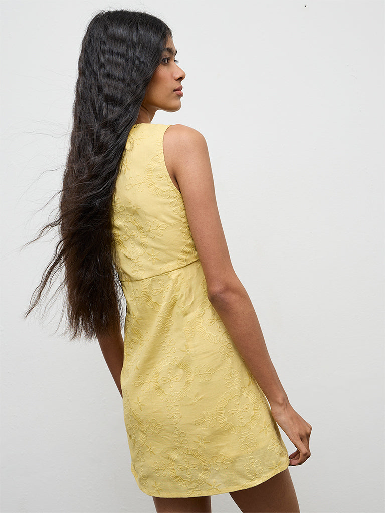 Bombay Paisley Yellow Embroidered Cotton A-Line Dress