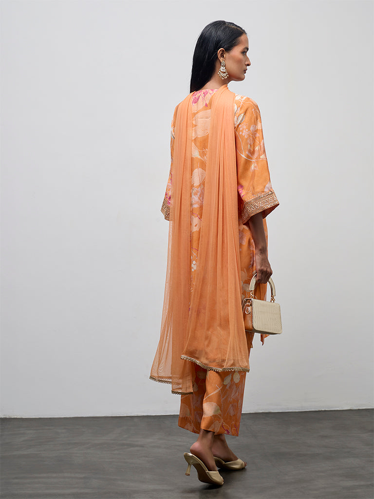 Vark Light Orange Floral Printed A-Line Ethnic Set