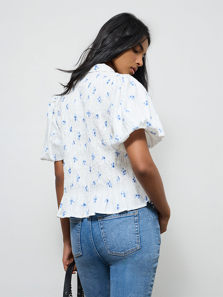 LOV White Floral Printed Smocked Cotton Blouse