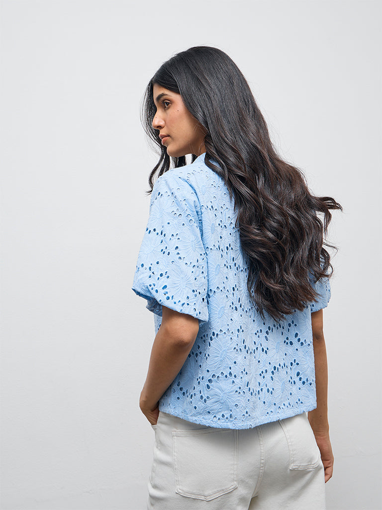 LOV Blue Schiffli Embroidered Cotton Blouse