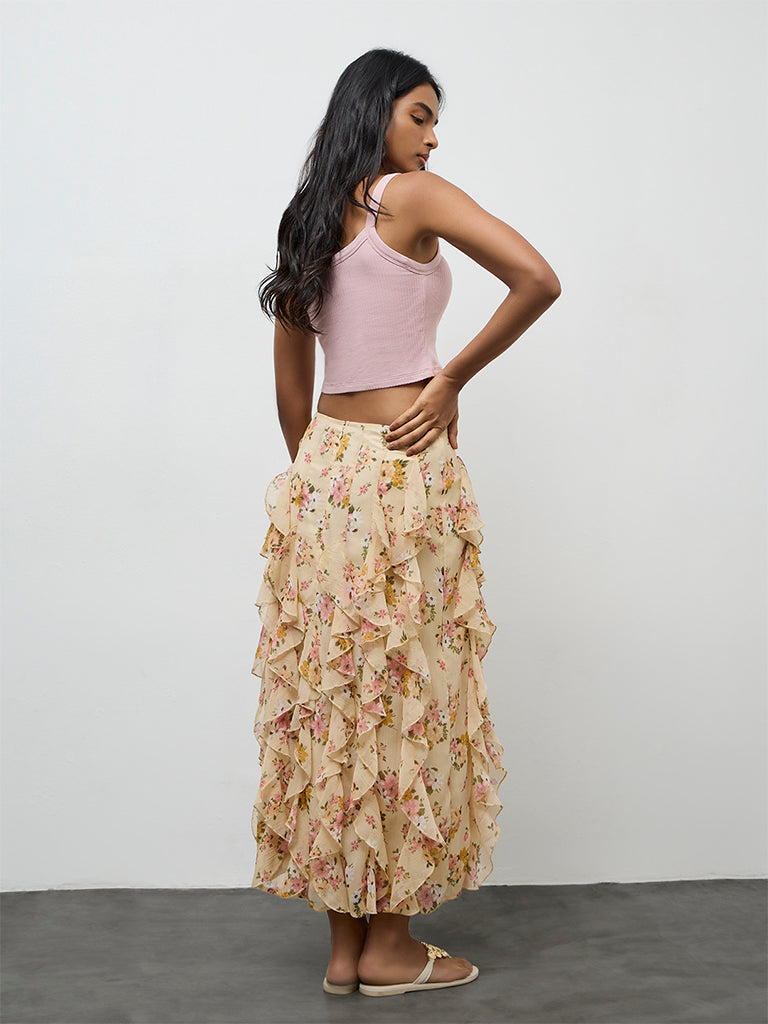 LOV Yellow Floral Printed Ruffled High Rise Skirt