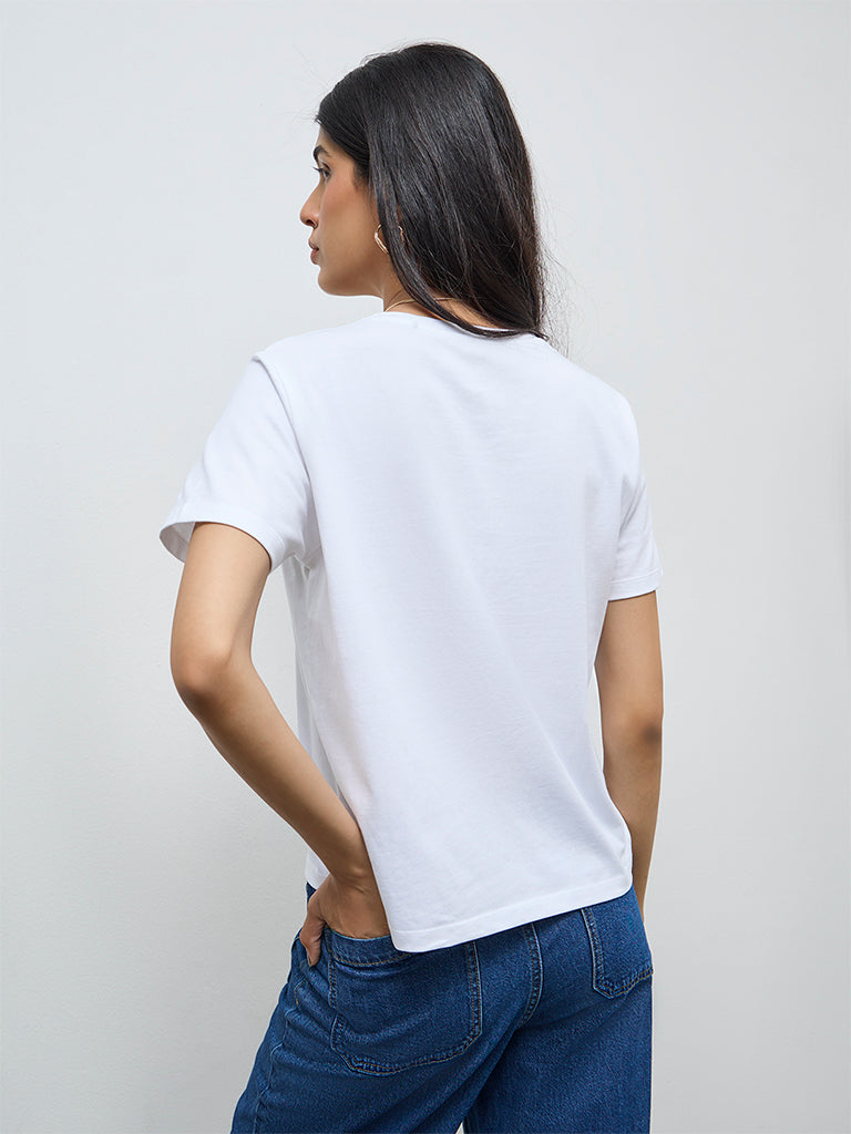 LOV White Graphic Printed Cotton T-Shirt