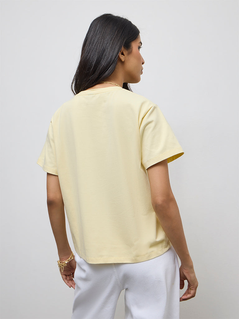 LOV Yellow Floral Applique Cotton-Blend T-Shirt