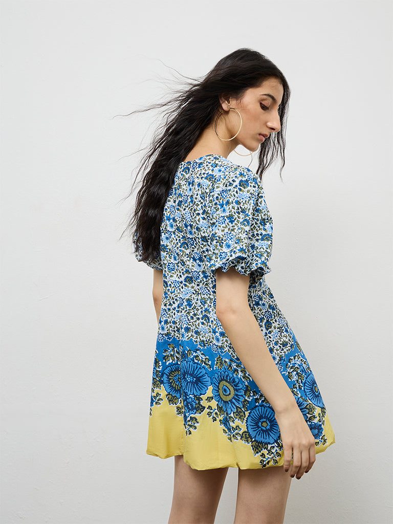Bombay Paisley Blue Floral Printed Cotton A-Line Dress