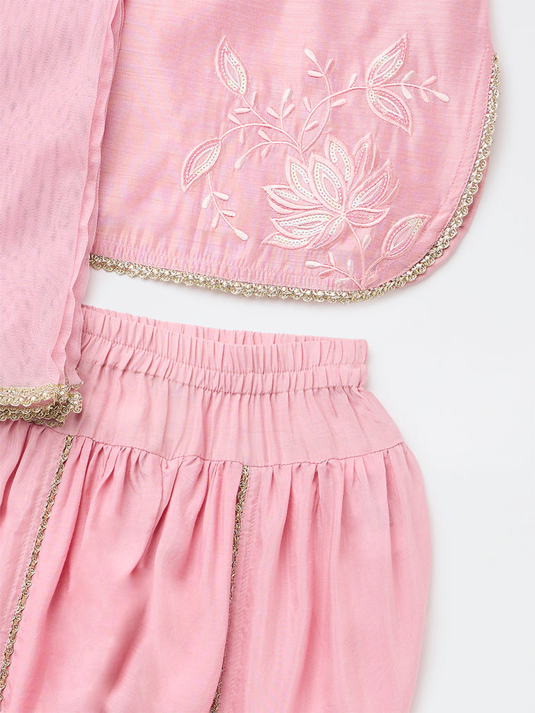 Utsa Kids Girls Pink Embroidered Top Dhoti Pants and Dupatta Set - (2-8 years)