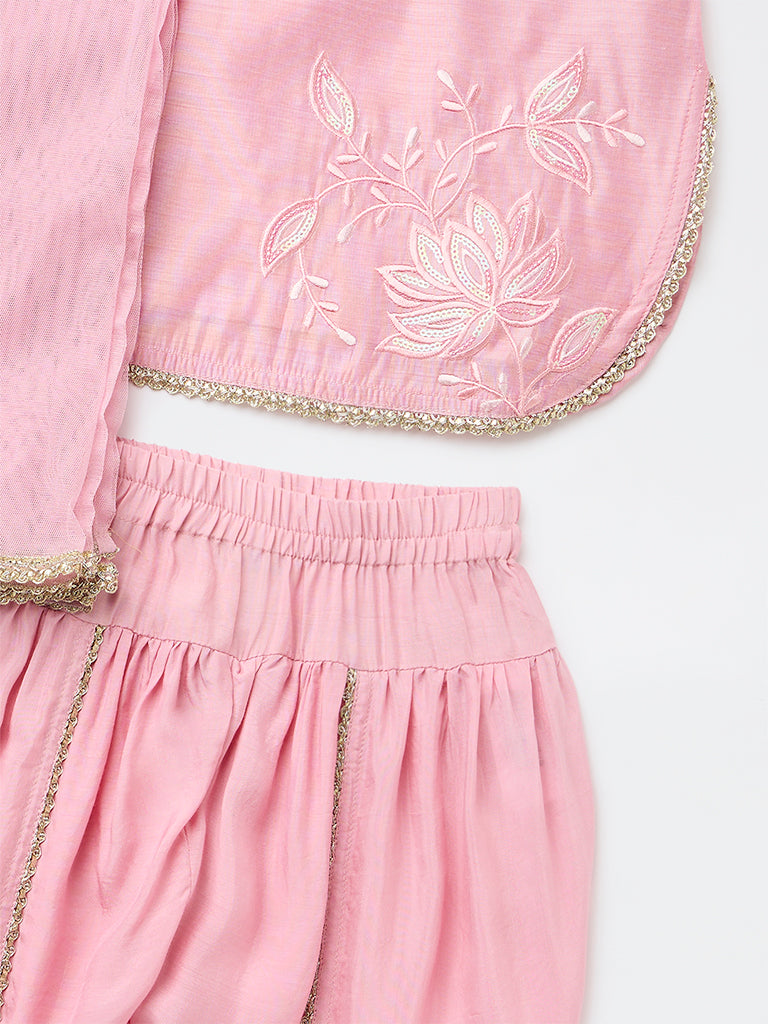 Utsa Kids Girls Pink Embroidered Top Dhoti Pants and Dupatta Set - (8-14 years)