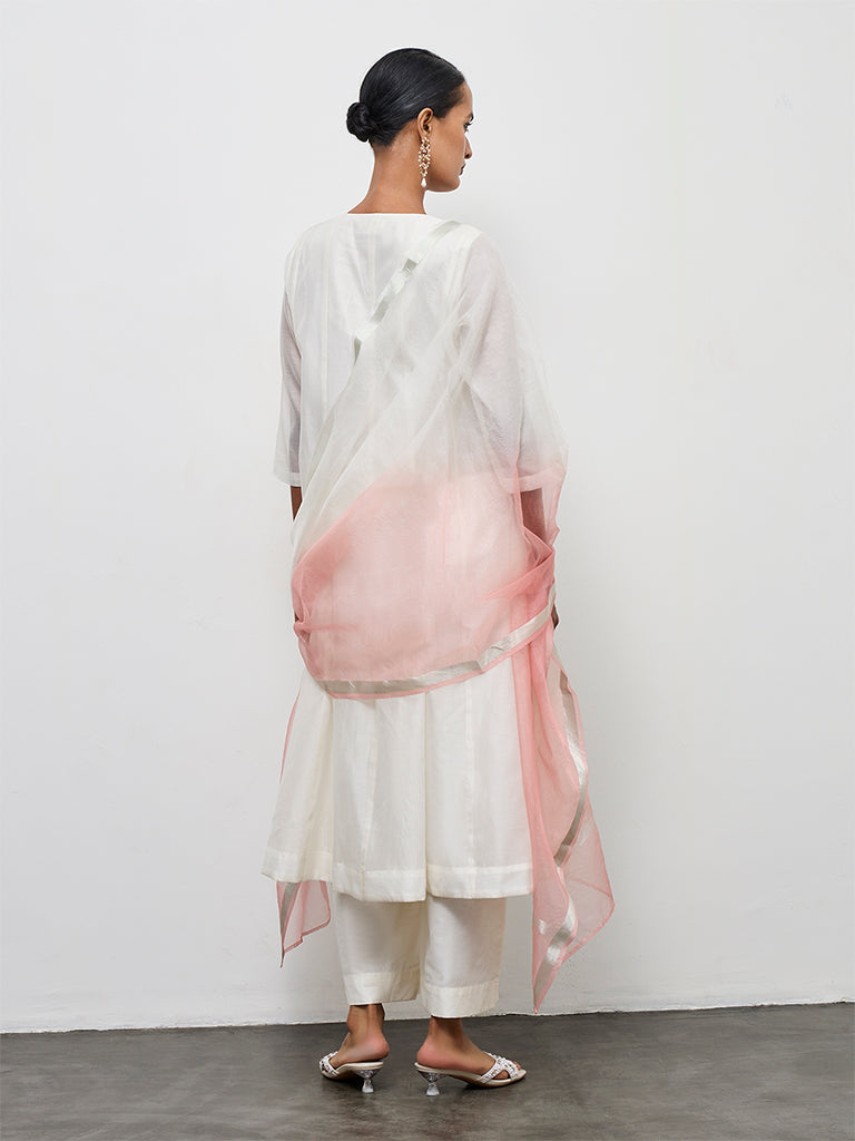 Vark Off-White Floral Embroidered Cotton-Blend A-Line Ethnic Set