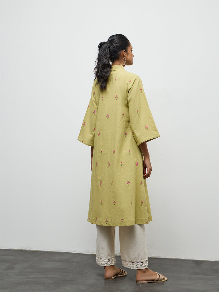 Utsa Lime Floral Embroidered A-Line Cotton Kurta