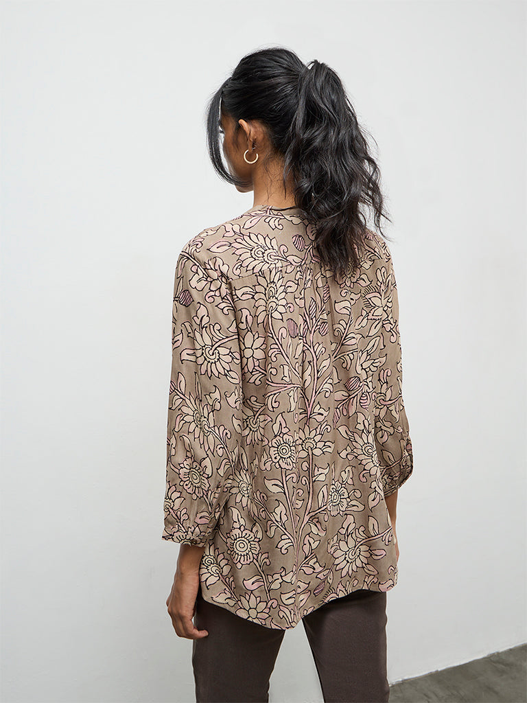 Utsa Taupe Botanical Printed Tunic