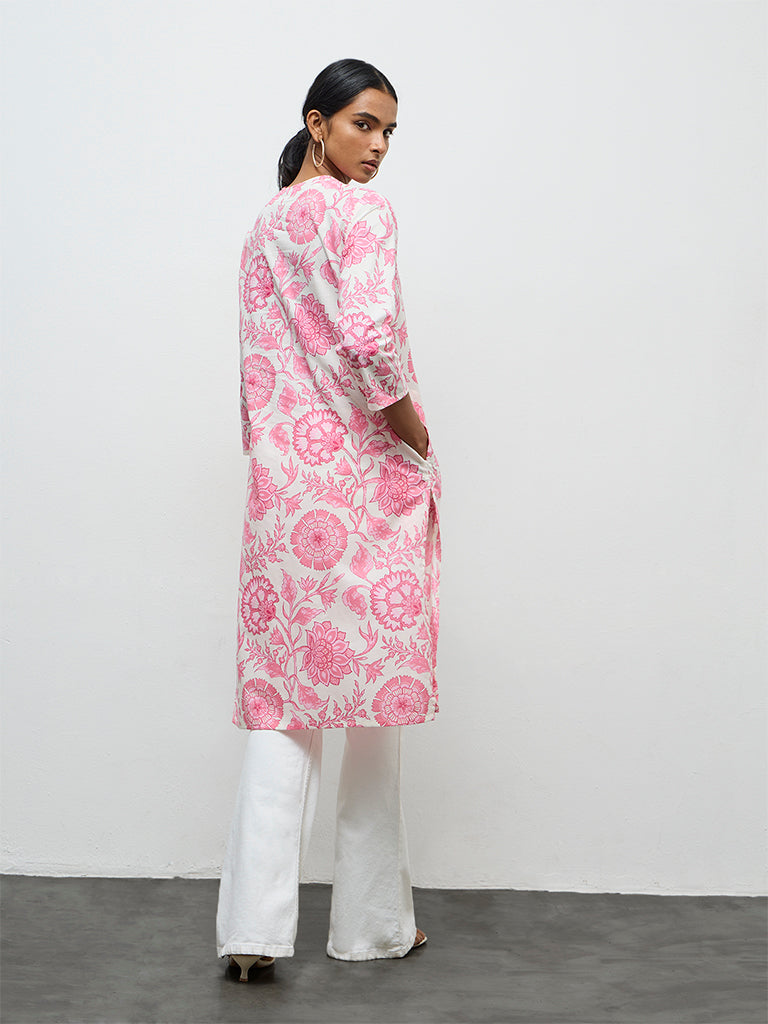 Utsa Pink Floral Printed Cotton Straight Kurta