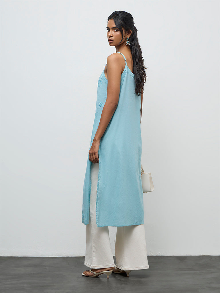 Utsa Turquoise Floral Embroidered A-Line Cotton Kurta