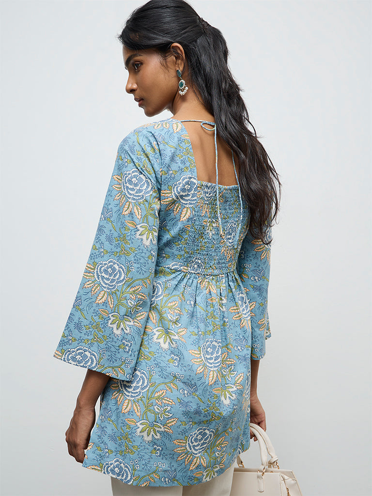 Utsa Blue Foliage Pattern Cotton Tunic