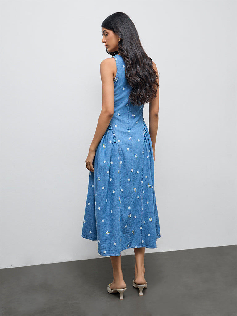 LOV Blue Floral Embroidered A-Line Denim Dress
