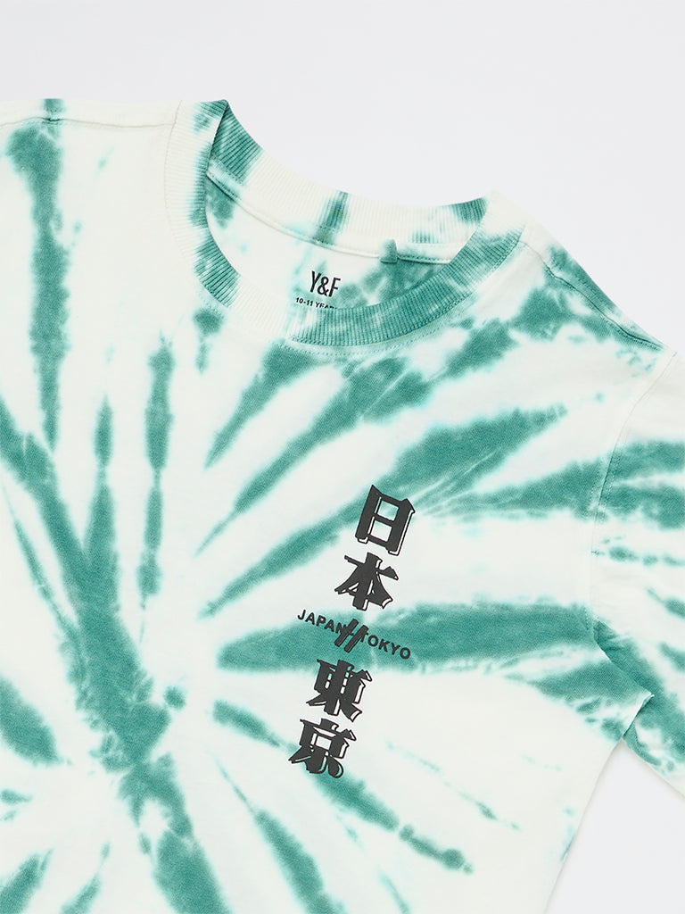 Boys Green Tie-Dye Printed Cotton T-Shirt
