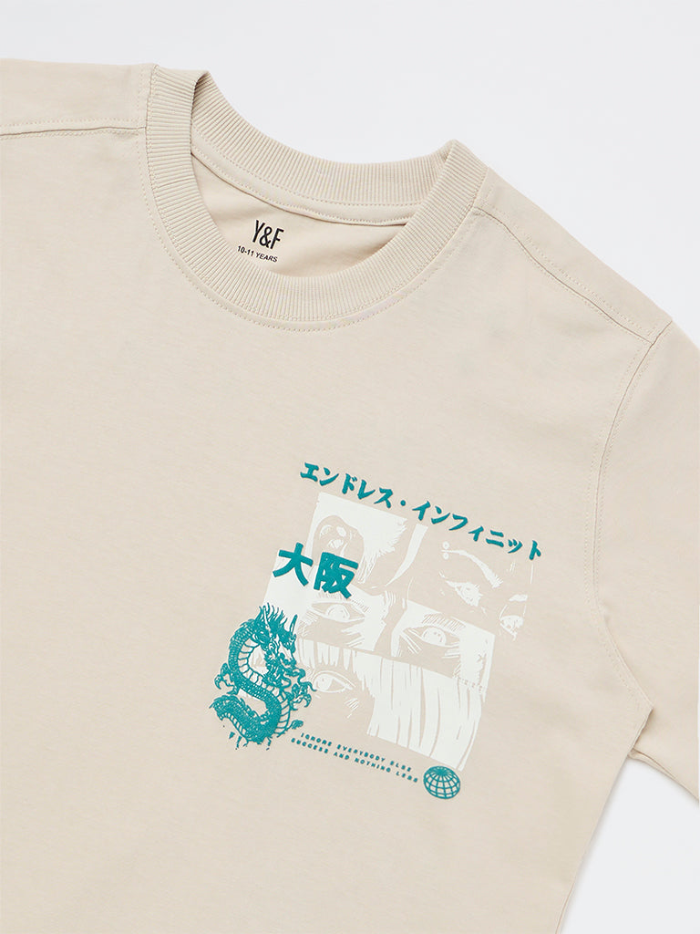 Boys Light Beige Graphic Printed Cotton T-Shirt