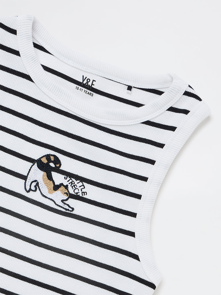 Girls White Striped Cotton-Blend Top