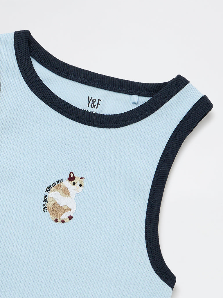 Girls Light Blue Cat Embroidered Cotton-Blend Top