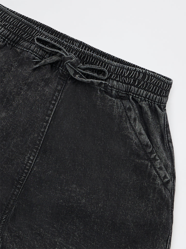 Girls Black High-Rise Denim Shorts