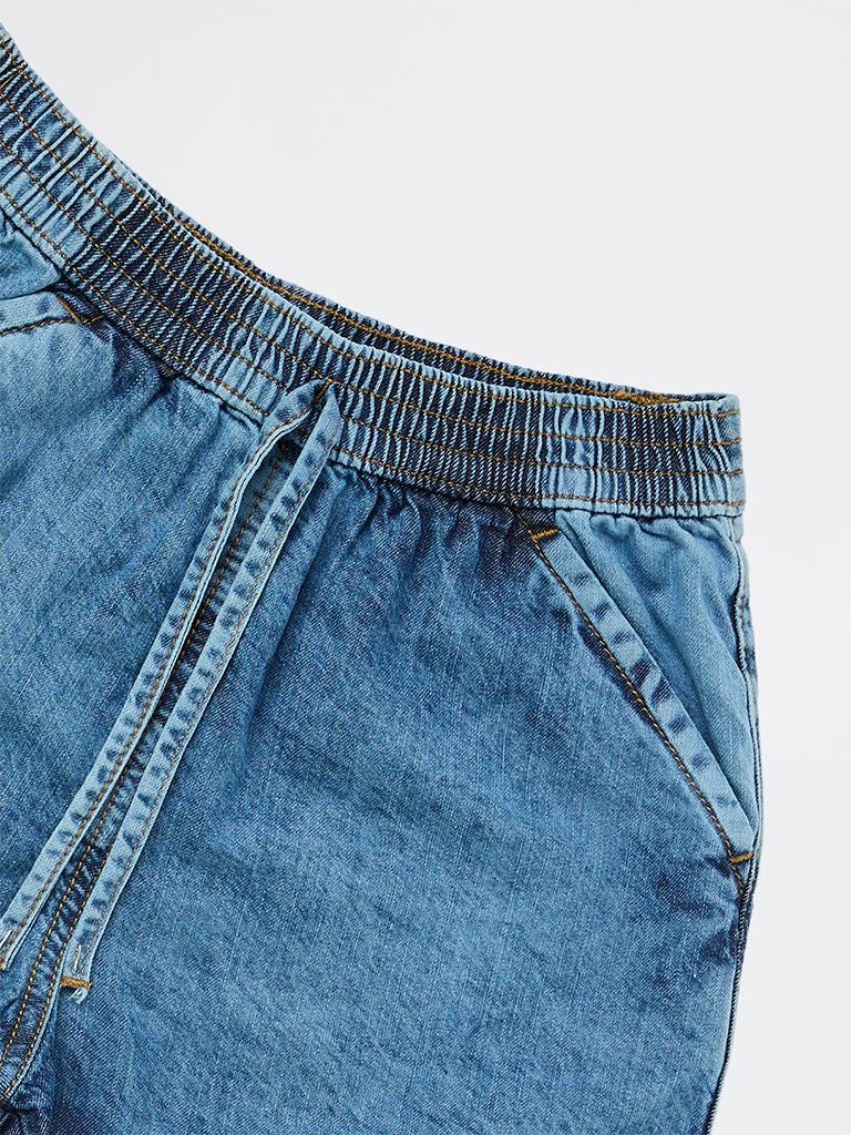 Girls Blue Mid-Wash High-Rise Denim Shorts