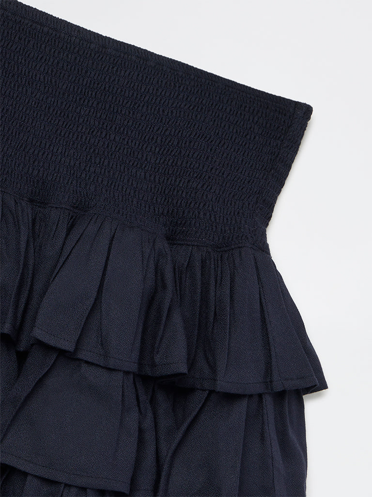 Girls Navy Ruffled High-Rise Tiered Skirt