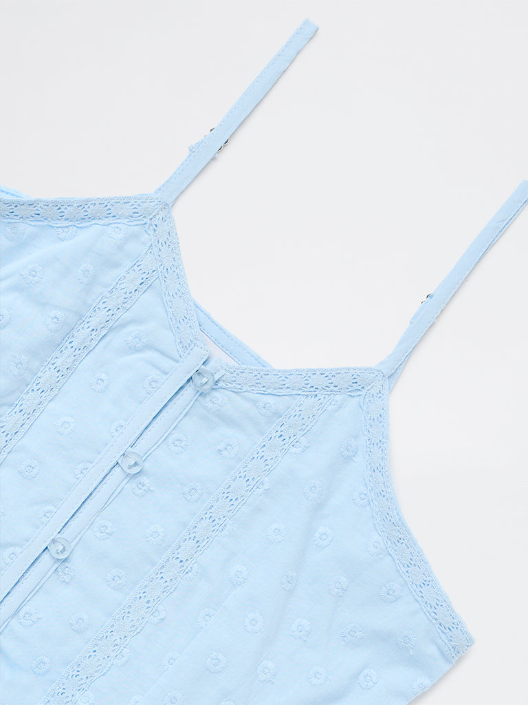 Girls Blue Embroidered Cotton Top