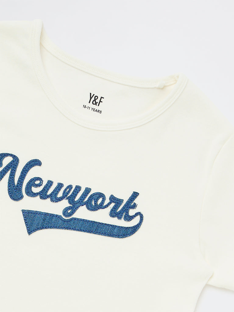 Girls White Text-Embroidered Cotton-Blend T-Shirt