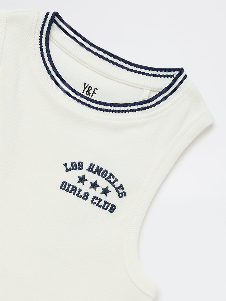 Girls White Text Embroidered Cotton-Blend Top