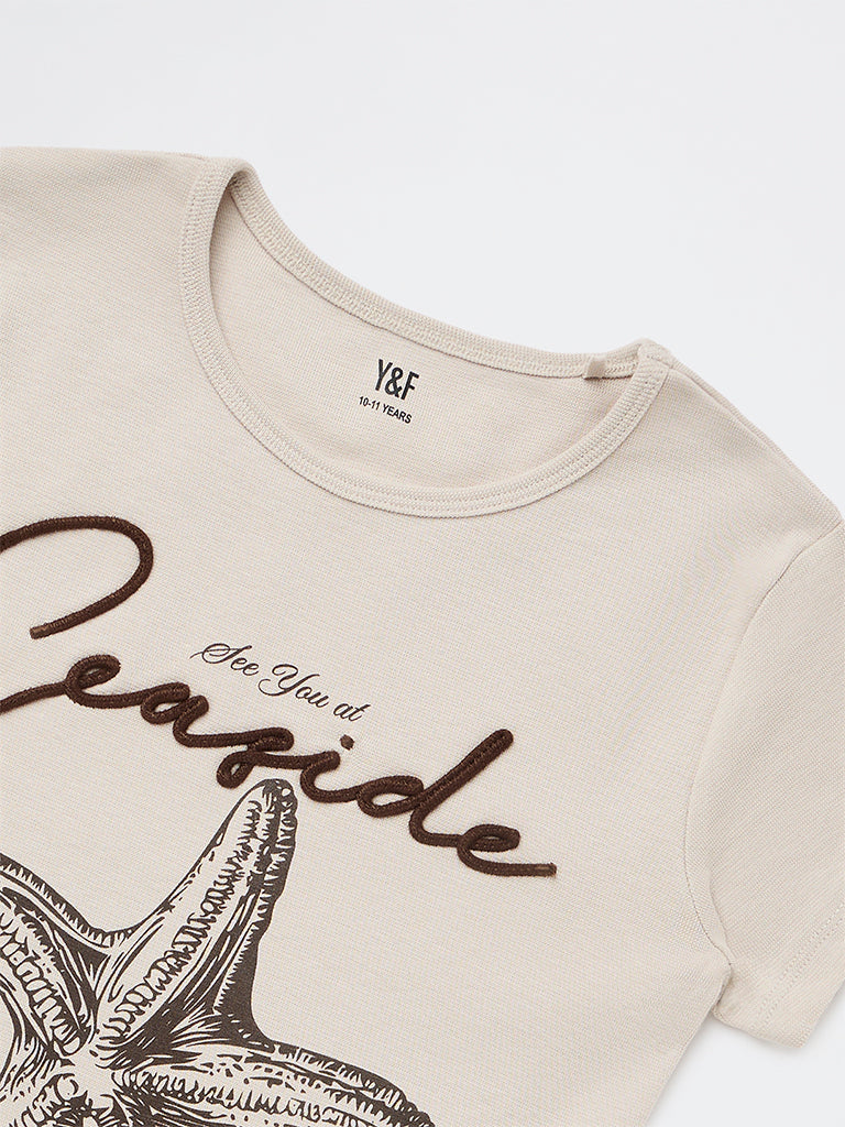 Girls Beige Printed Cotton-Blend T-Shirt