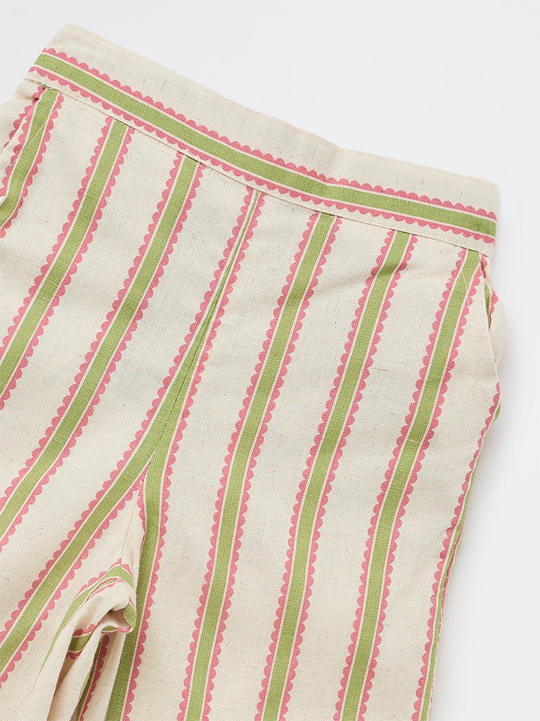 Utsa Kids Girls Off-White Striped High-Rise Cotton-Blend Pants - (2-8 yrs)
