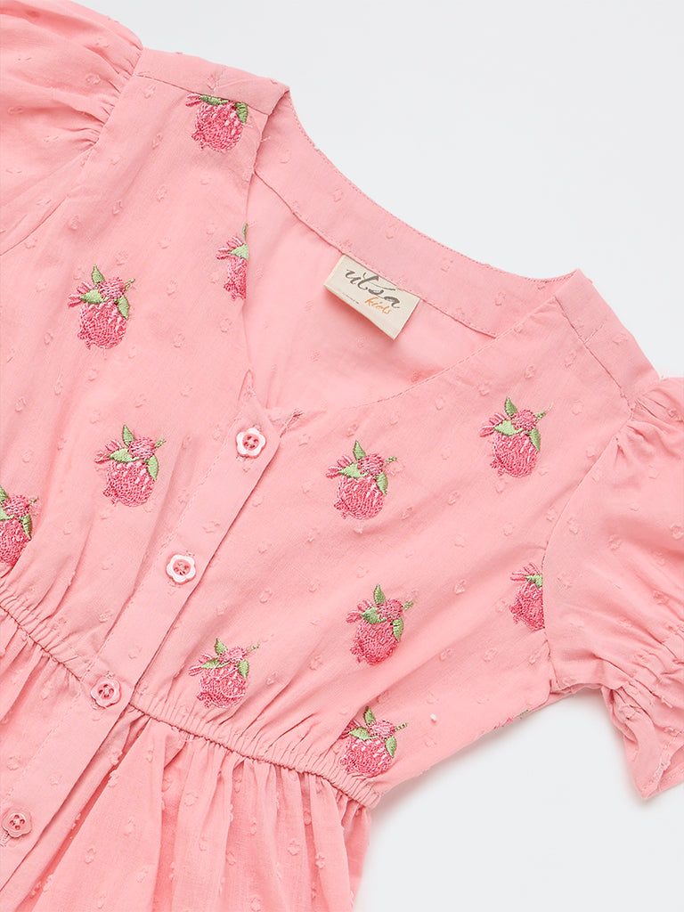 Utsa Kids Girls Pink Embroidered Cotton-Blend Tiered Dress - (2-8 yrs)