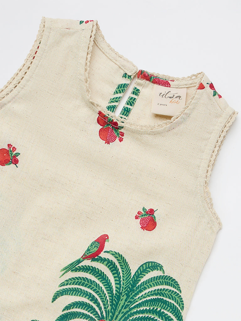 Utsa Kids Girls Off-White Nature-Inspired Cotton-Blend A-Line Dress - ( 2-8 yrs)