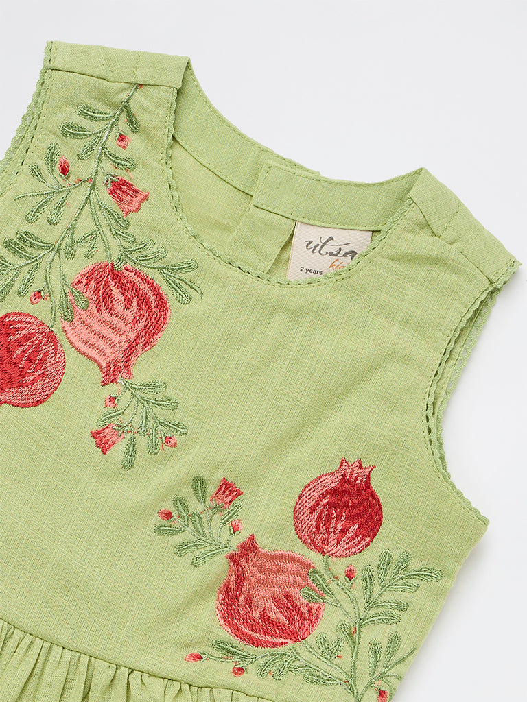 Utsa Kids Girls Light Green Embroidered Cotton Peplum Top - ( 2-8 yrs )