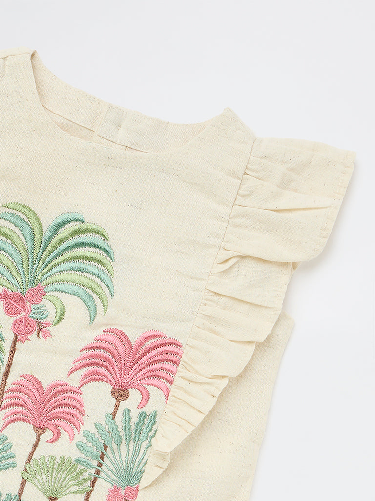 Utsa Kids Girls Off-White Embroidered Cotton-Blend Top - (2-8 yrs)