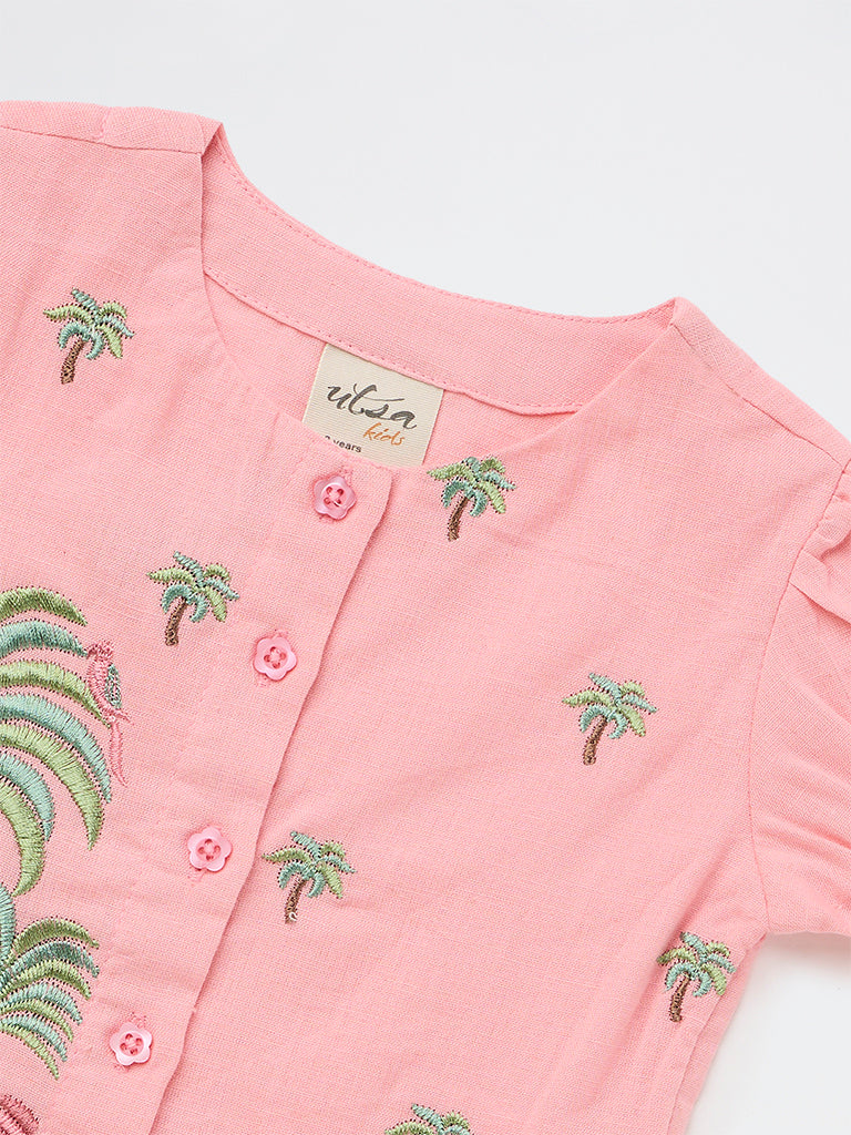 Utsa Kids Girls Pink Botanical Embroidered Cotton-Blend Top - (2-8 yrs)