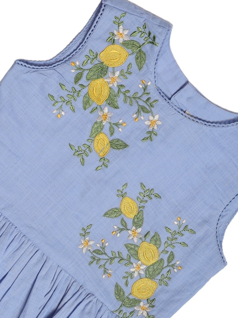 Utsa Kids Girls Blue Embroidered Cotton Peplum Top - (8-14 yrs)