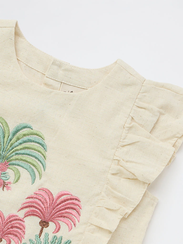 Utsa Kids Girls Off-White Embroidered Cotton-Blend Top - ( 2-8 yrs)