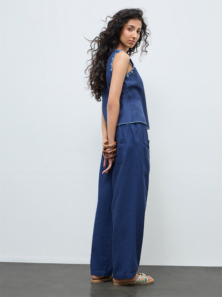 Bombay Paisley Indigo Solid Cotton-Blend Pants