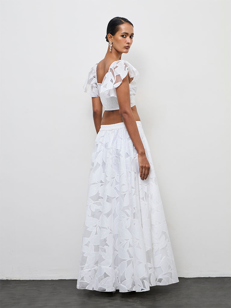 Vark White Botanical Printed Cotton-Blend Skirt