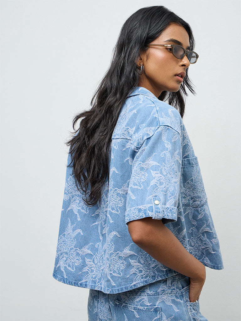 LOV Blue Floral Embroidered Denim Shirt