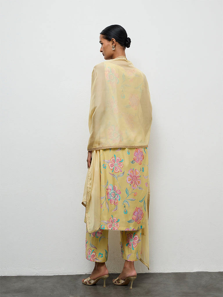 Vark Yellow Floral Printed A-Line Ethnic Set