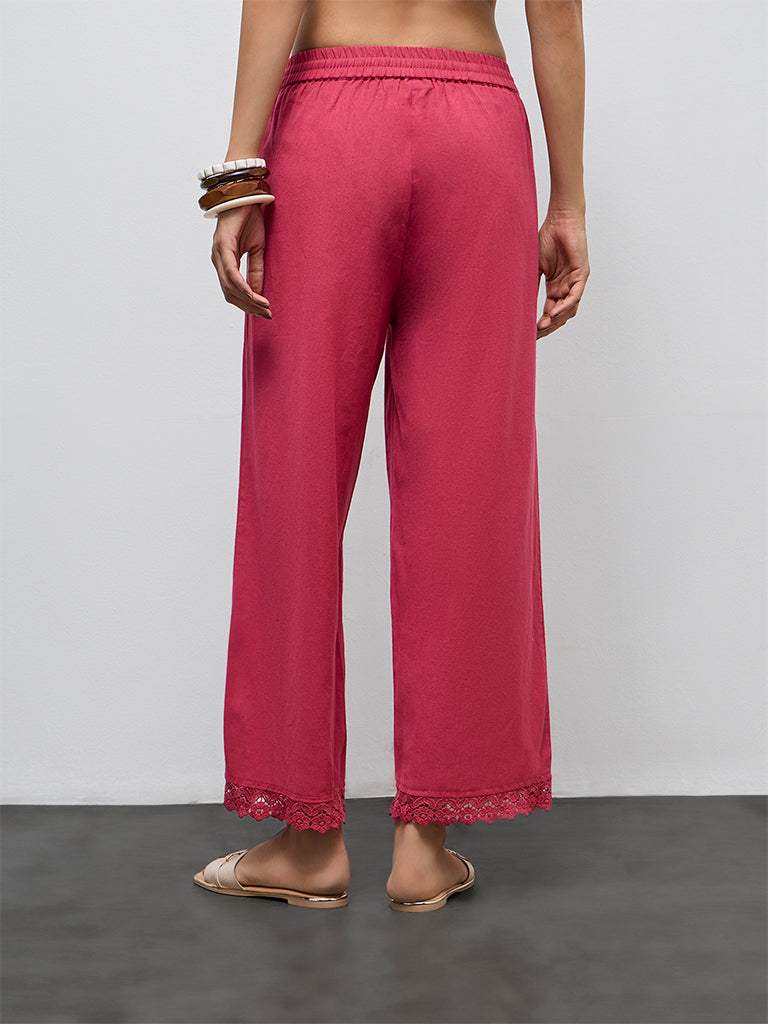 Utsa Fuchsia Lace Detailed Cotton-Blend Pants