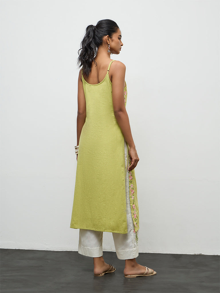 Utsa Lime Floral Embroidered Cotton-Blend A-Line Kurta