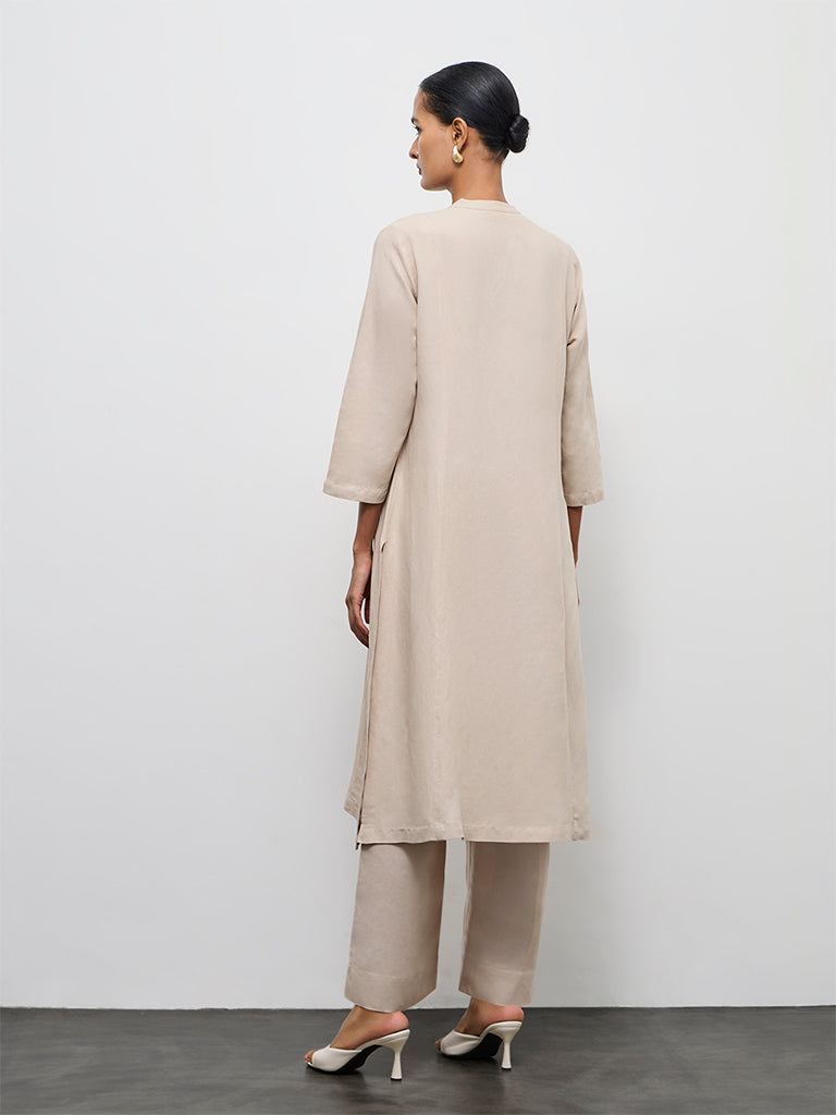 Zuba Light Taupe Embroidered Cotton Linen A-Line Kurta