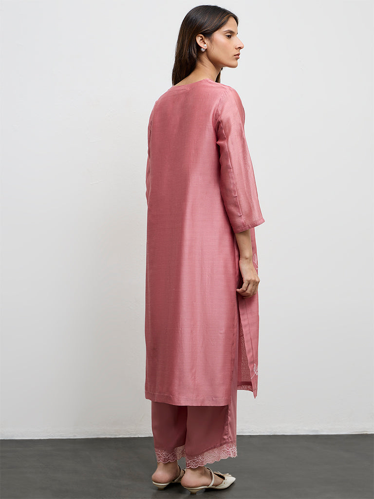 Zuba Dusty Pink Floral Embroidered Cotton-Blend A-Line Kurta